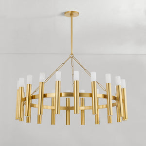 Pali Chandelier 42.25" in aged brass shown from a second angle to highlight the frame, arms, and shade detail.
