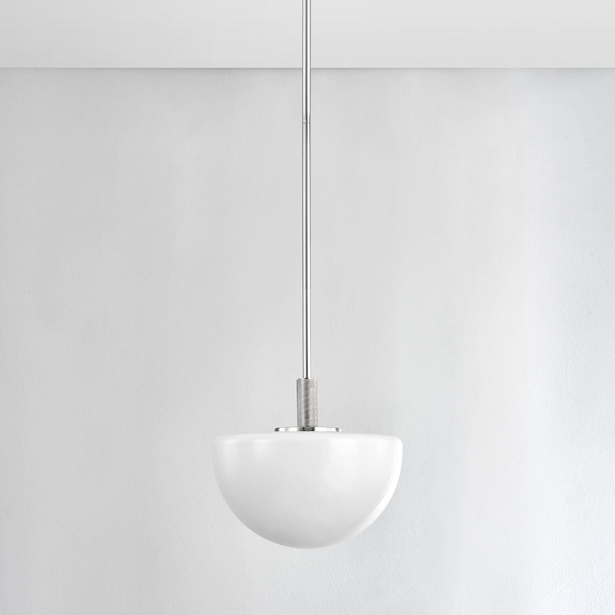 Lethbridge Pendant 11" in polished nickel shown from the front to reveal the shade shape and metal detail.