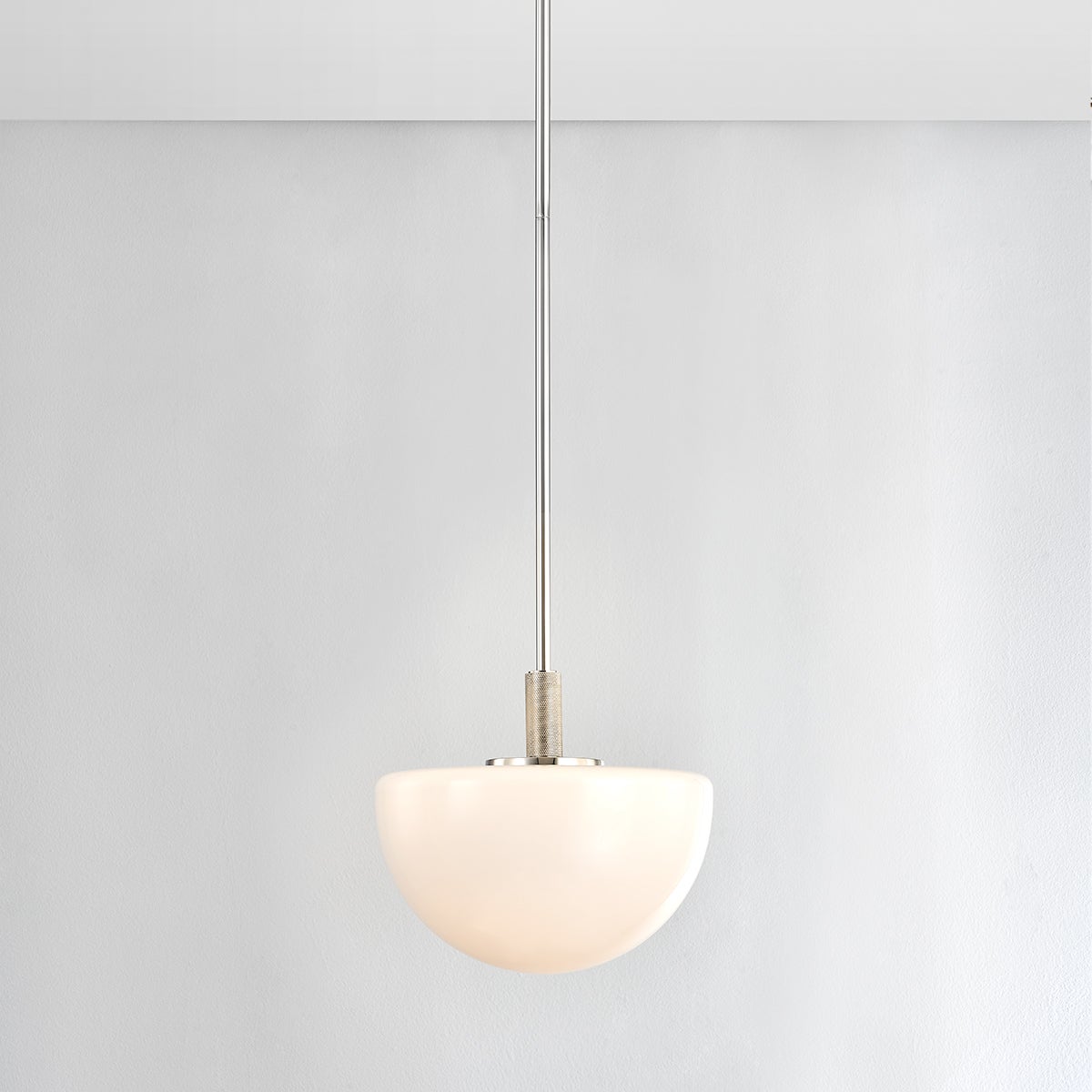 Close-up of the Lethbridge Pendant 11" in polished nickel showing the shade shape and metal detail.