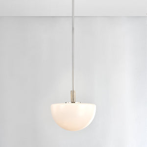 Close-up of the Lethbridge Pendant 11" in polished nickel showing the shade shape and metal detail.