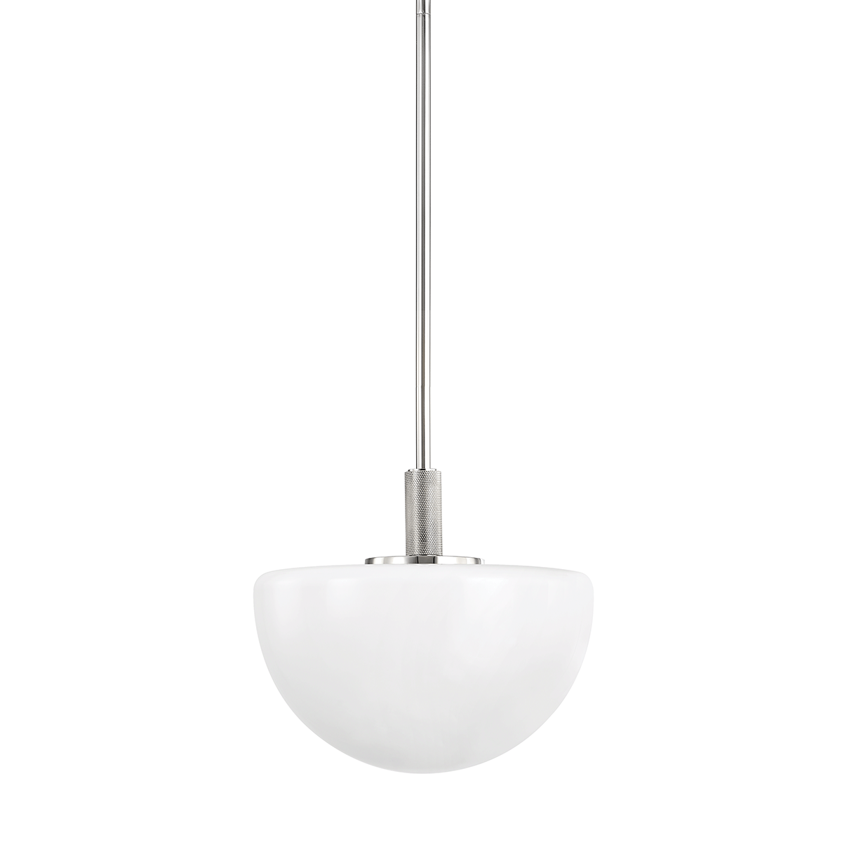 Lethbridge Pendant 11" in polished nickel shown from a second angle to highlight the shade shape and metal detail.