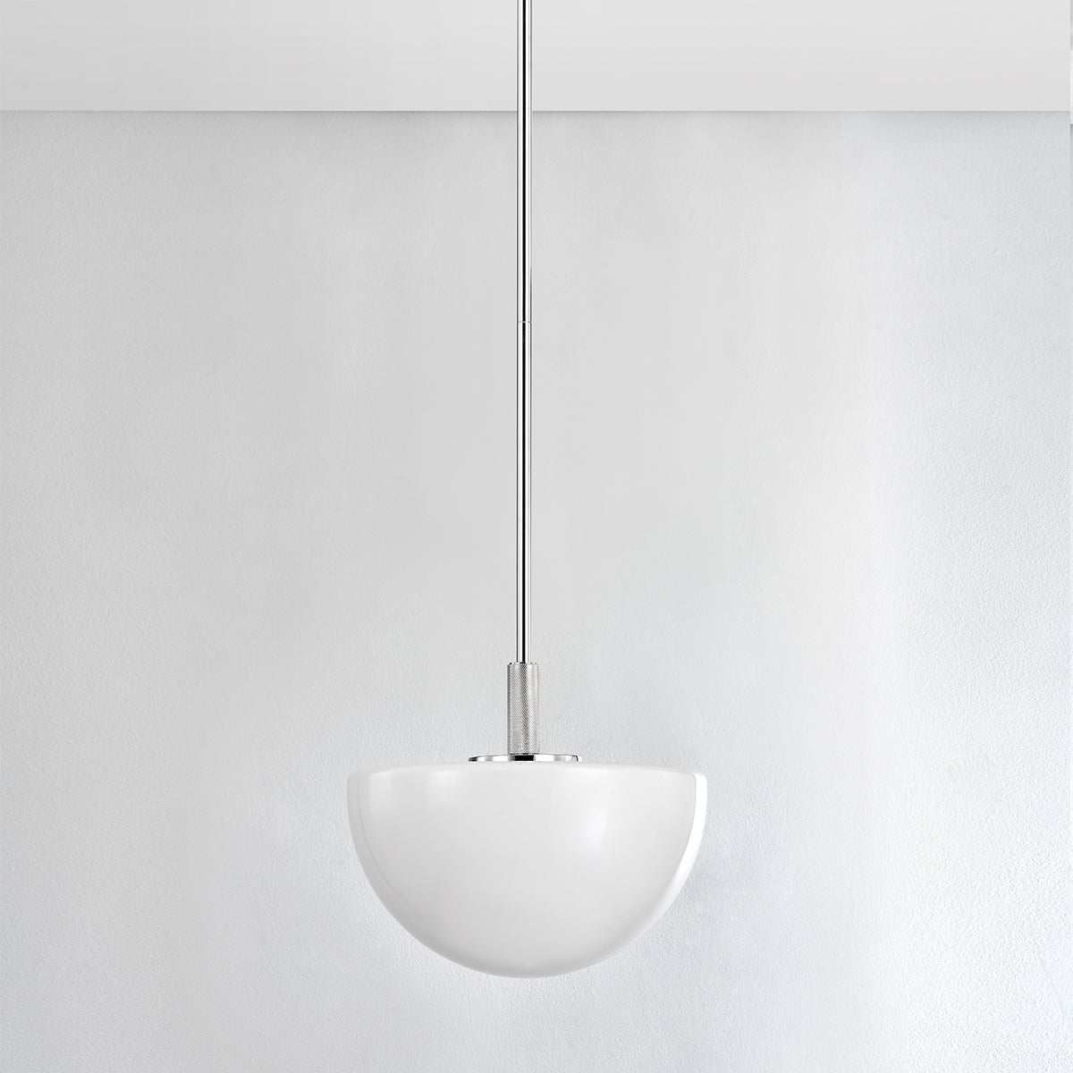 Close-up of the Lethbridge Pendant 15" in polished nickel showing the shade shape and metal detail.