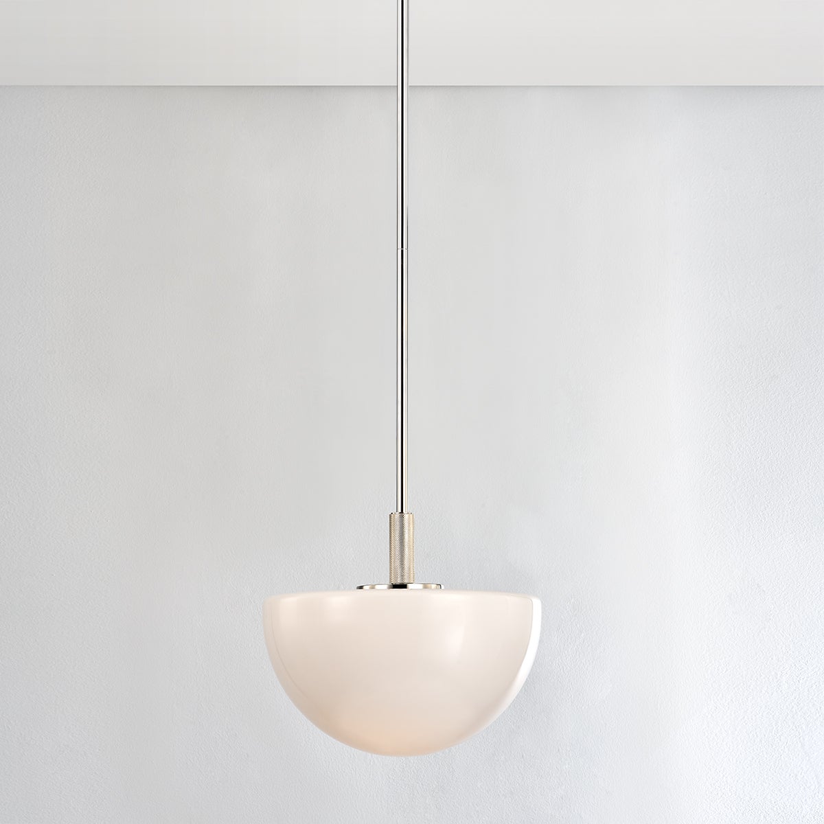 Close-up of the Lethbridge Pendant 15" in polished nickel showing the shade shape and metal detail.