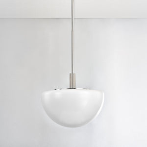 Close-up of the Lethbridge Pendant 19" in polished nickel showing the shade shape and metal detail.