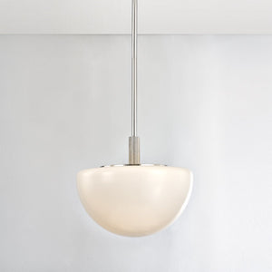 Close-up of the Lethbridge Pendant 19" in polished nickel showing the shade shape and metal detail.