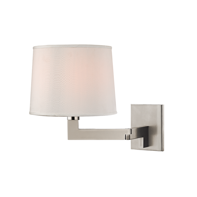 Fairport Wall Sconce 9" in polished nickel shown from the front to reveal the arm curve and shade silhouette.