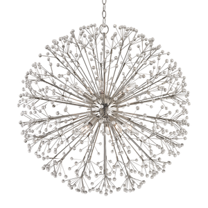 Dunkirk Chandelier 30" in polished nickel shown from a second angle to highlight the frame, arms, and shade detail.