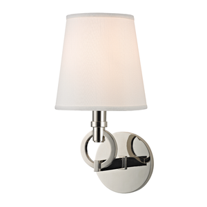 Malibu Wall Sconce in polished nickel shown from a second angle to highlight the arm curve and shade silhouette.