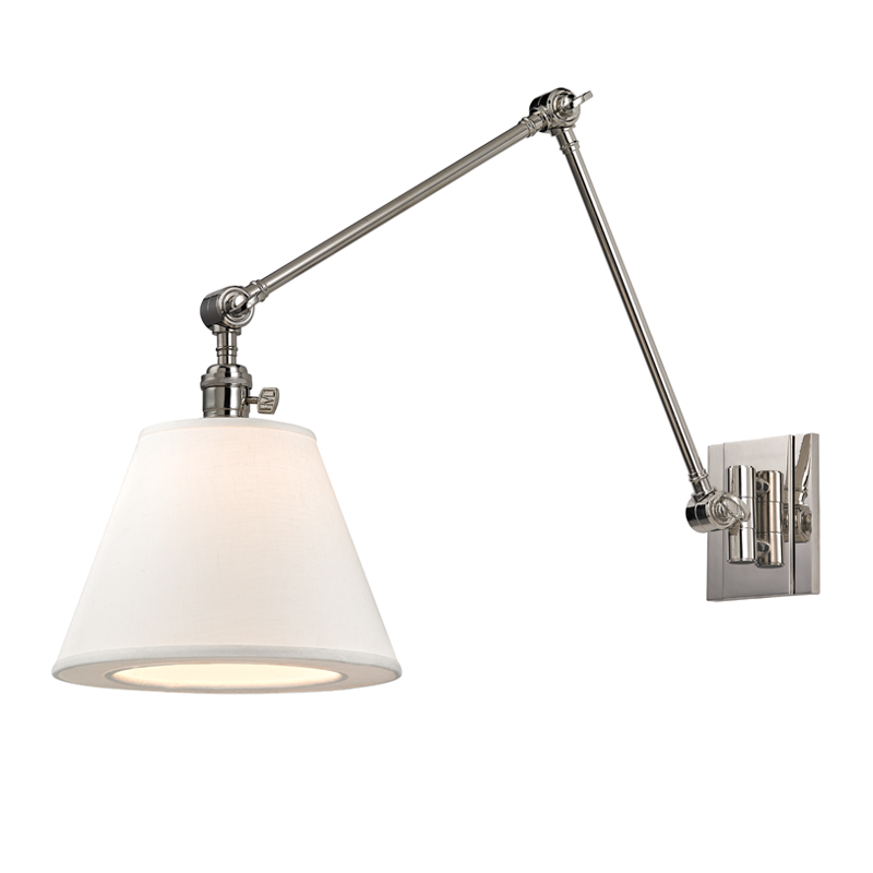 Hillsdale Wall Sconce 10" x 12.75" in polished nickel shown from a second angle to highlight the arm curve and shade silhouette.