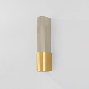 Somersville Wall Sconce 3.25" x 16" in aged brass shown from a second angle to highlight the arm curve and shade silhouette.