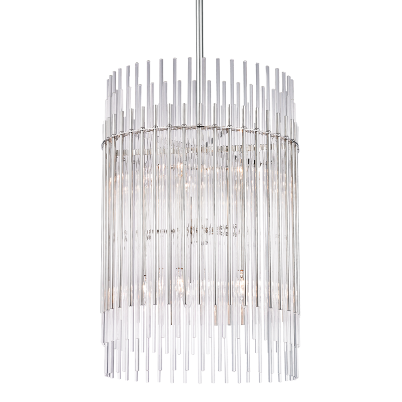 Wallis Chandelier in polished nickel shown from a second angle to highlight the frame, arms, and shade detail.