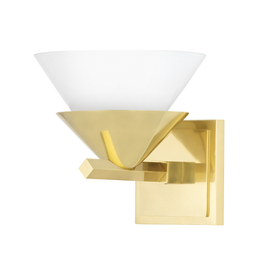 Stillwell Wall Sconce 7.5" x 7.75" in aged brass — a Hudson Valley wall sconce for bathrooms, hallways, and living rooms at Laurie Yapp Home.