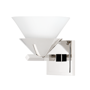 Stillwell Wall Sconce 7.5" x 7.75" in polished nickel shown from a second angle to highlight the arm curve and shade silhouette.