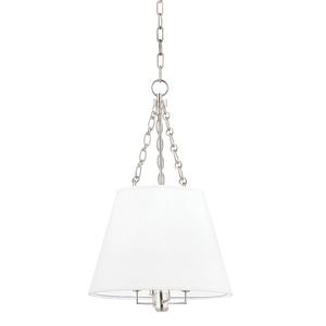 Burdett Pendant 15" in polished nickel shown from the front to reveal the shade shape and metal detail.