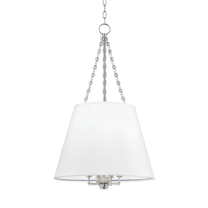 Burdett Pendant 22" in polished nickel shown from the front to reveal the shade shape and metal detail.