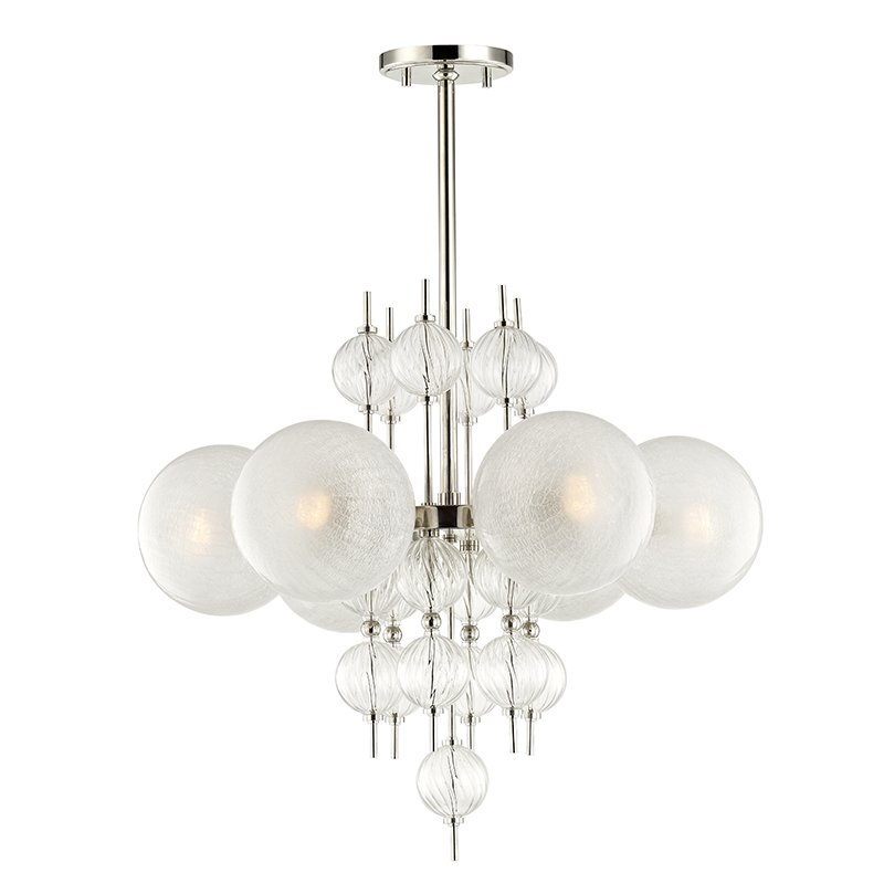 Calypso Chandelier 27.25" in polished nickel shown from a second angle to highlight the frame, arms, and shade detail.