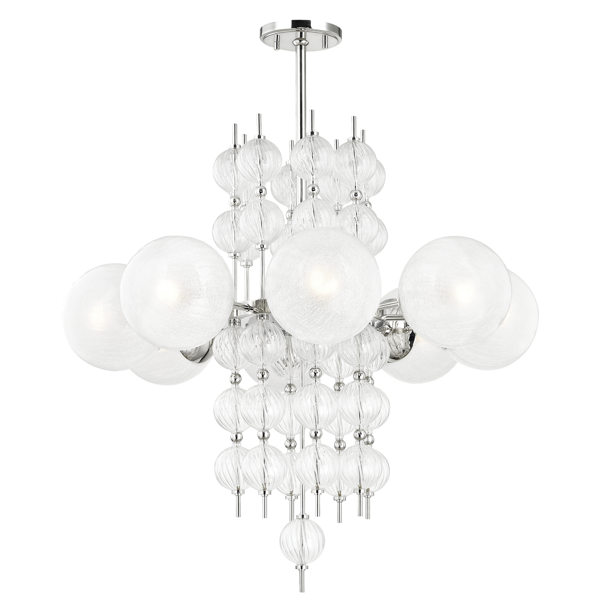Calypso Chandelier 33.5" in polished nickel shown from a second angle to highlight the frame, arms, and shade detail.