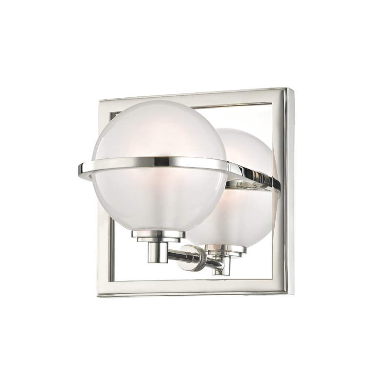 Axiom Bath And Vanity in polished nickel shown from a second angle to highlight the arm spread and shade silhouette.