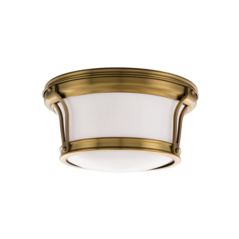 Newport Flush Mount 10" in aged brass — a Hudson Valley flush mount for hallways, bedrooms, and entryways at Laurie Yapp Home.