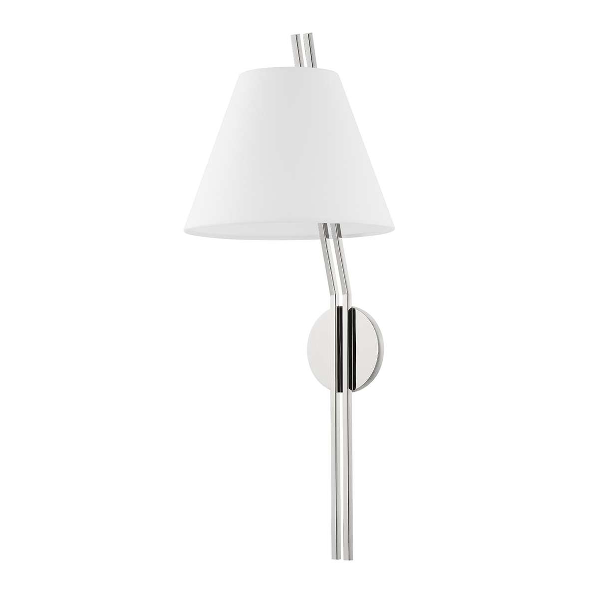 Shokan Wall Sconce in polished nickel shown from the front to reveal the arm curve and shade silhouette.