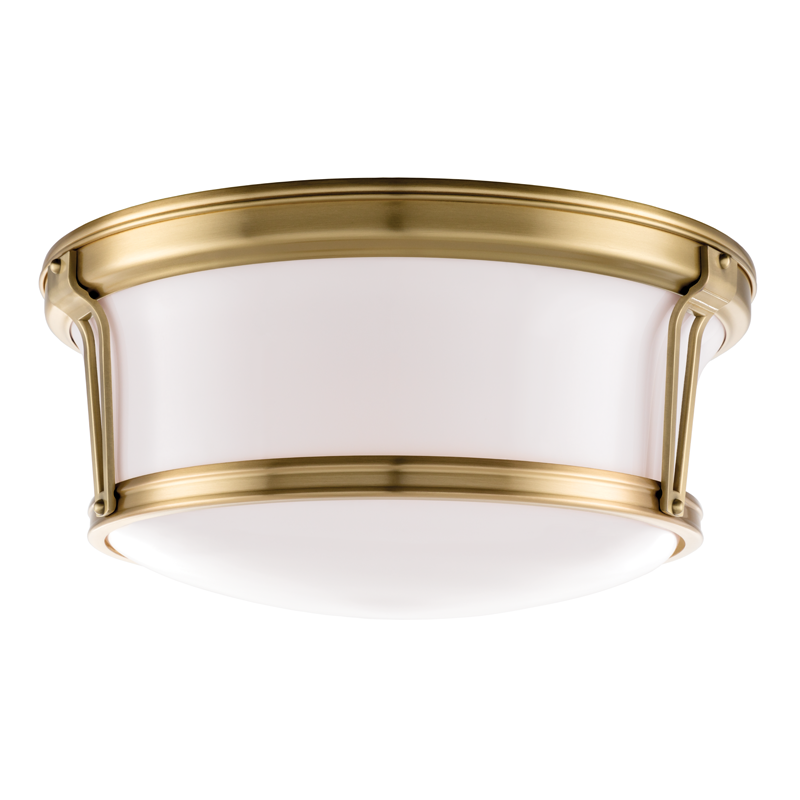Newport Flush Mount 15" in aged brass — a Hudson Valley flush mount for hallways, bedrooms, and entryways at Laurie Yapp Home.