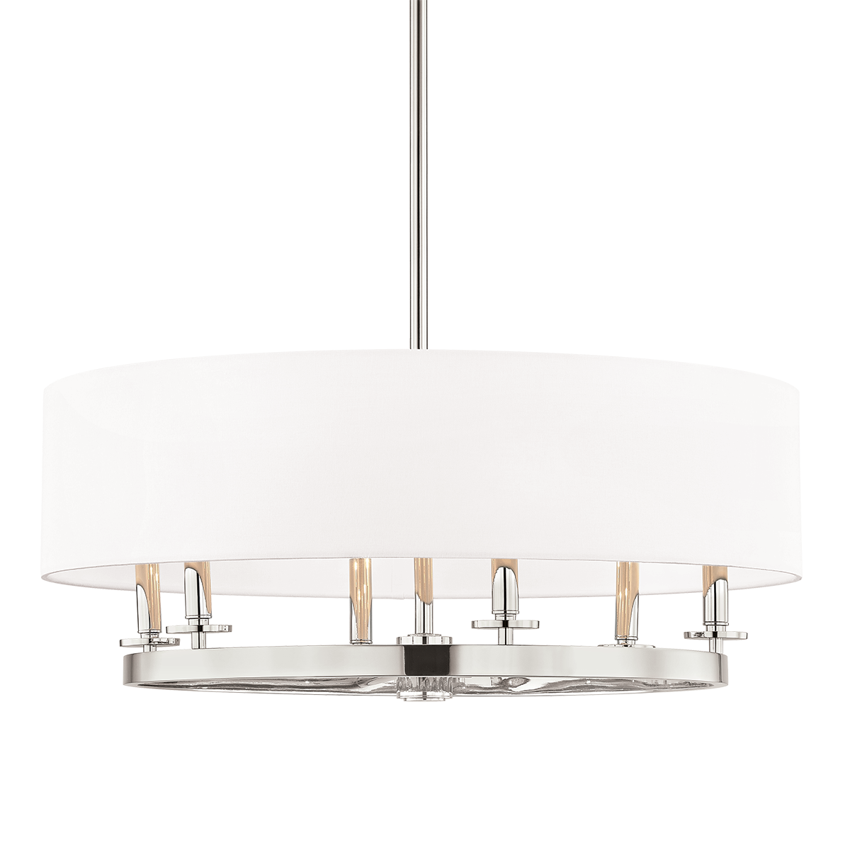 Durham Chandelier 30.75" in polished nickel shown from the front to reveal the frame, arms, and shade detail.