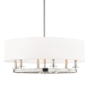 Durham Chandelier 30.75" in polished nickel shown from the front to reveal the frame, arms, and shade detail.
