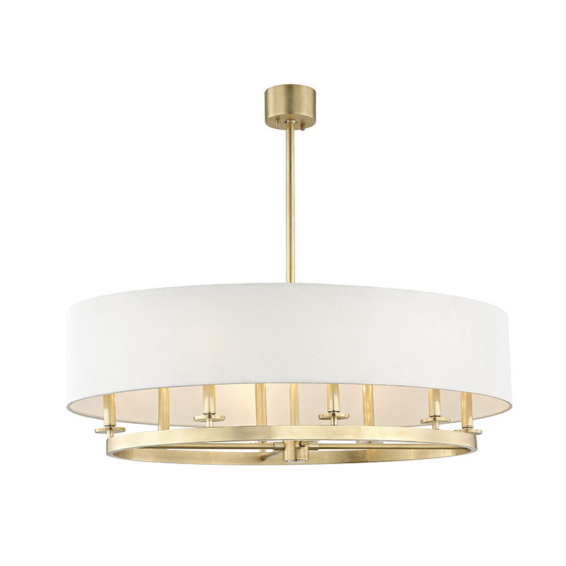 Durham Linear in aged brass — a Hudson Valley linear for dining rooms, kitchen islands, and long consoles at Laurie Yapp Home.