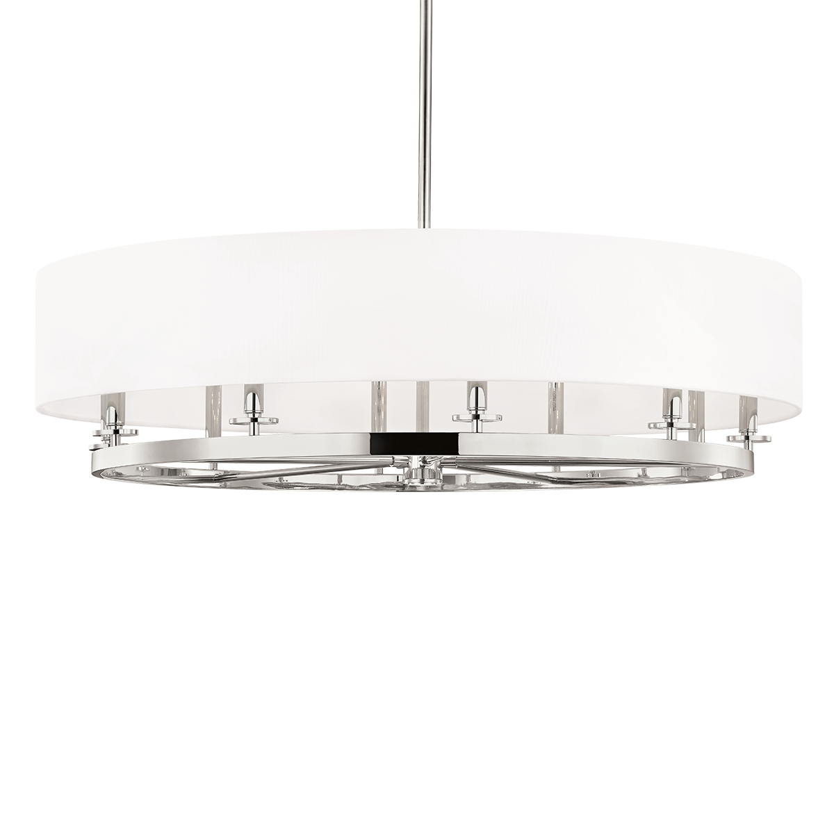 Durham Chandelier 42" in polished nickel shown from the front to reveal the frame, arms, and shade detail.