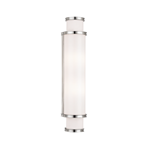Malcolm Bath And Vanity 4.75" x 19" in polished nickel shown from a second angle to highlight the arm spread and shade silhouette.