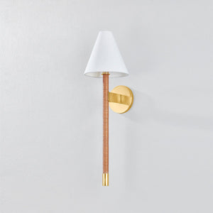 Watkins Wall Sconce in aged brass shown from the front to reveal the arm curve and shade silhouette.