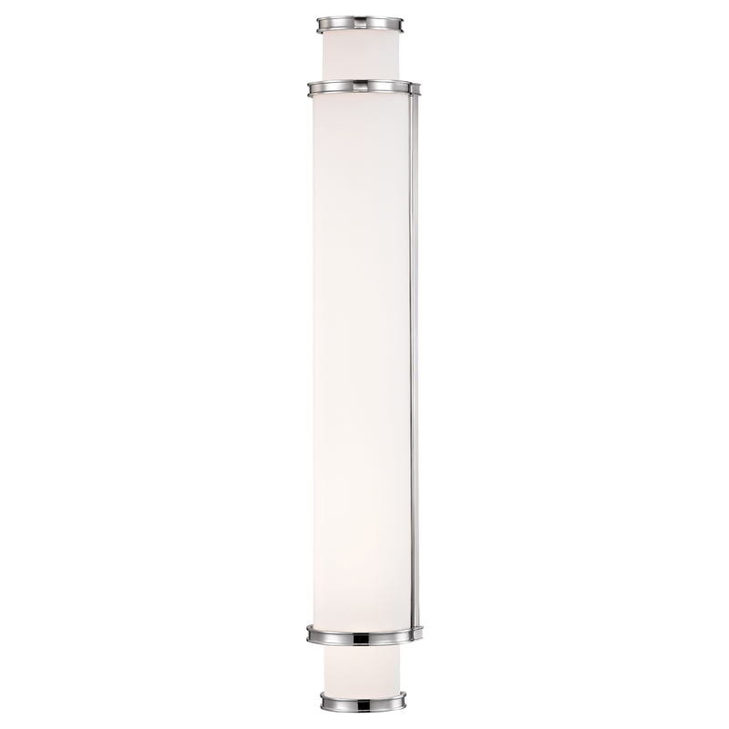Malcolm Bath And Vanity 4.75" x 30" in polished nickel shown from a second angle to highlight the arm spread and shade silhouette.