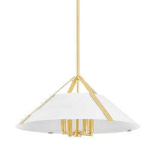 Raymond Pendant in aged brass shown from a second angle to highlight the shade shape and metal detail.