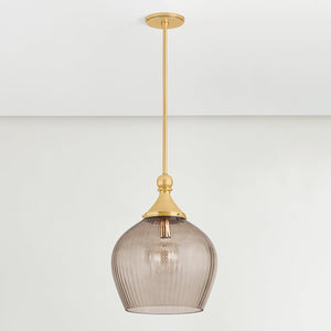 Chatton Pendant 16.5" in aged brass shown from the front to reveal the shade shape and metal detail.