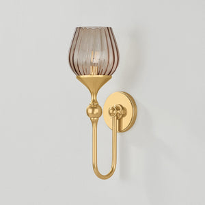Chatton Wall Sconce in aged brass shown from a second angle to highlight the arm curve and shade silhouette.