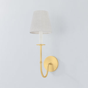 Amina Wall Sconce in aged brass shown from a second angle to highlight the arm curve and shade silhouette.