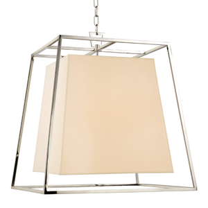 Kyle Chandelier in polished nickel shown from a second angle to highlight the frame, arms, and shade detail.