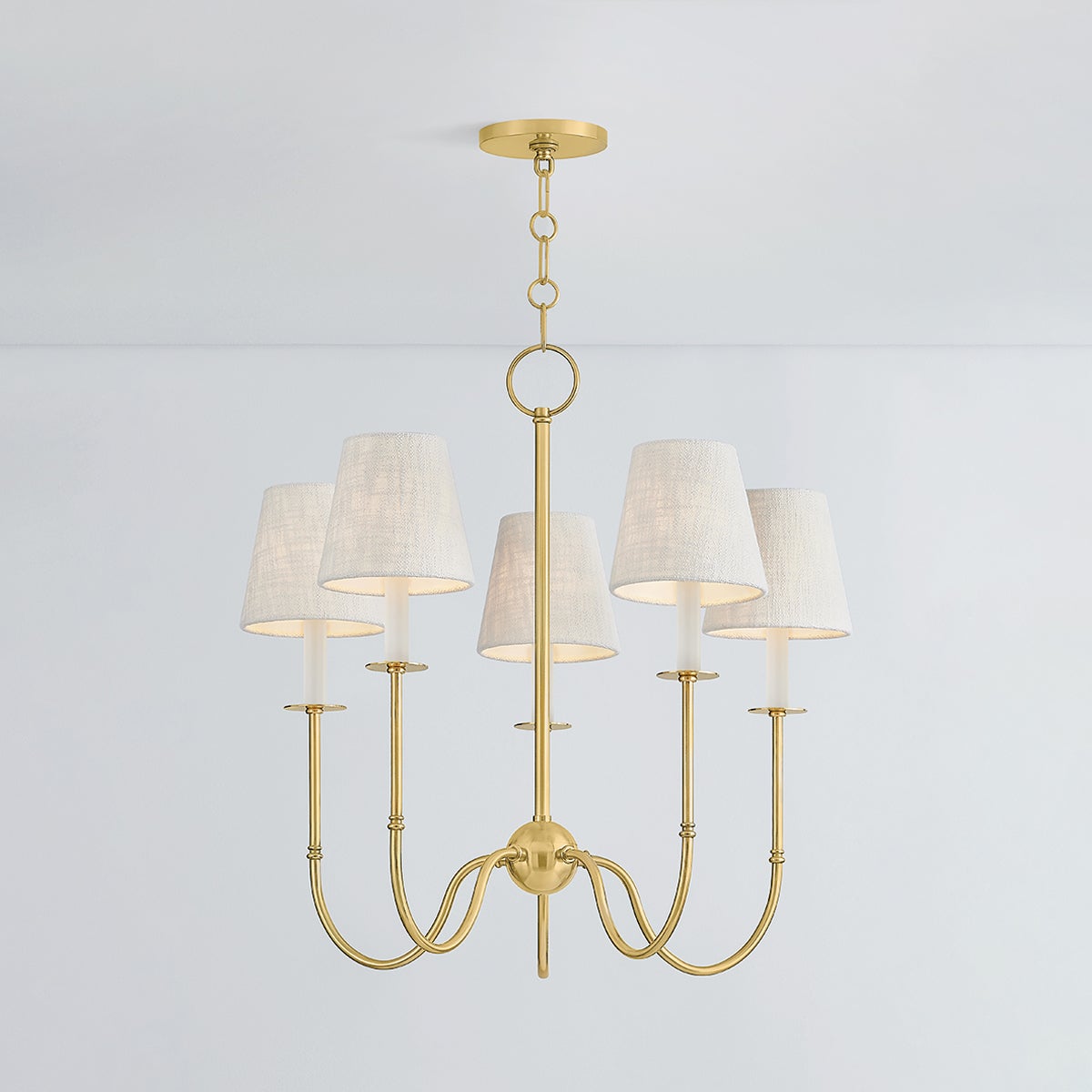 Amina Chandelier 26.5" in aged brass shown from the front to reveal the frame, arms, and shade detail.