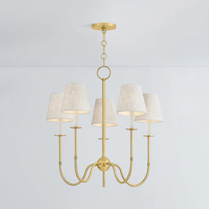 Amina Chandelier 26.5" in aged brass shown from the front to reveal the frame, arms, and shade detail.