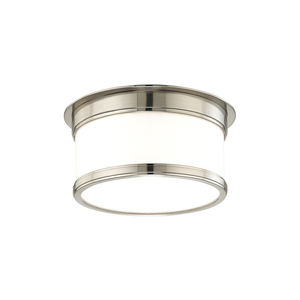 Close-up of the Geneva Flush Mount 9.25" in satin nickel showing the shade profile and mounting canopy.
