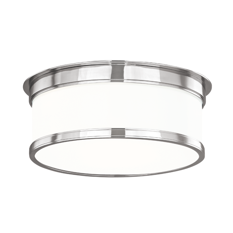 Geneva Flush Mount 12.25" in polished nickel shown from the front to reveal the shade profile and mounting canopy.