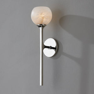 Close-up of the Melton Wall Sconce 1-Light 5" x 18.5" in polished nickel showing the arm curve and shade silhouette.