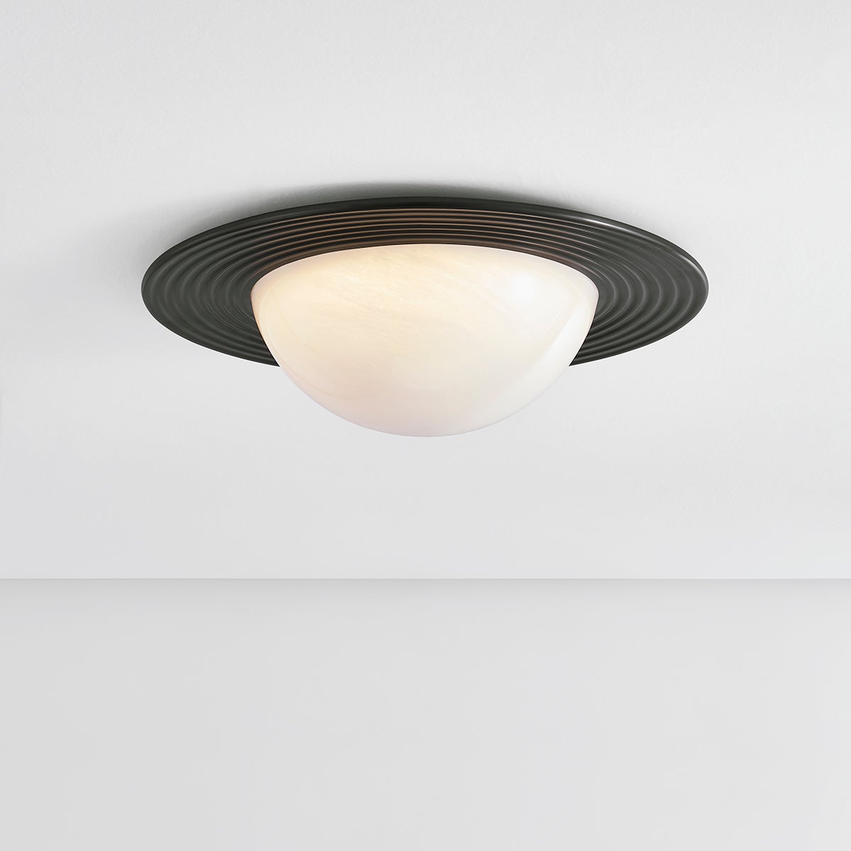 Close-up of the Geraldton Flush Mount 21" in dark bronze showing the shade profile and mounting canopy.