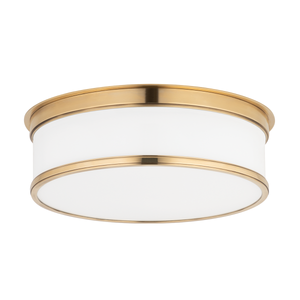 Geneva Flush Mount 15.25" in aged brass — a Hudson Valley flush mount for hallways, bedrooms, and entryways at Laurie Yapp Home.