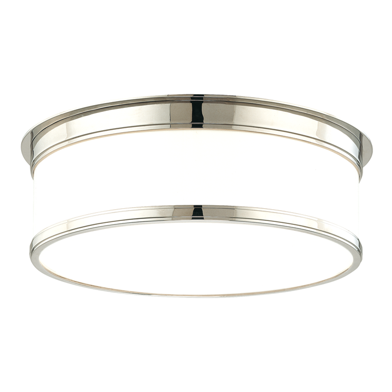 Geneva Flush Mount 15.25" in polished nickel shown from the front to reveal the shade profile and mounting canopy.