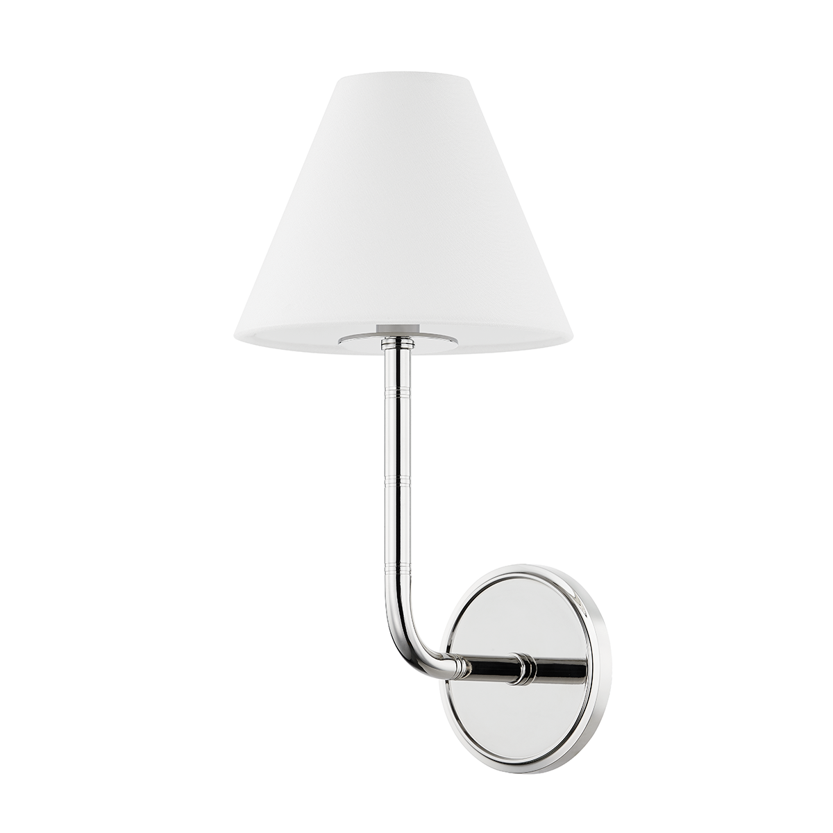 Trice Wall Sconce in polished nickel shown from a second angle to highlight the arm curve and shade silhouette.