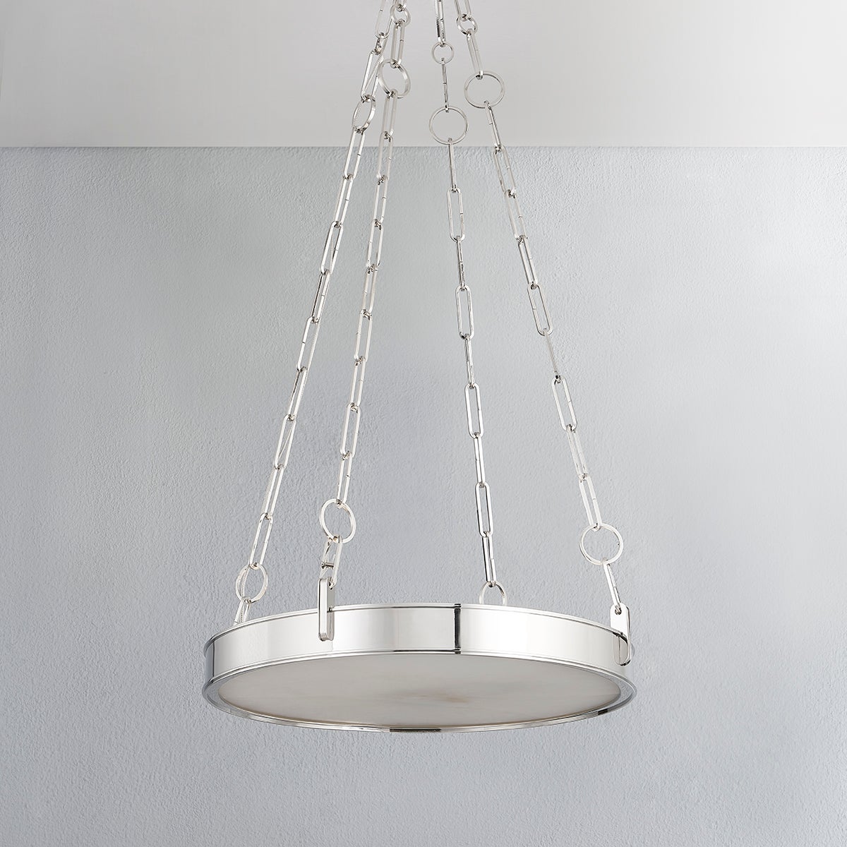 Close-up of the Kirby Chandelier 20" x 3.5" in polished nickel showing the frame, arms, and shade detail.