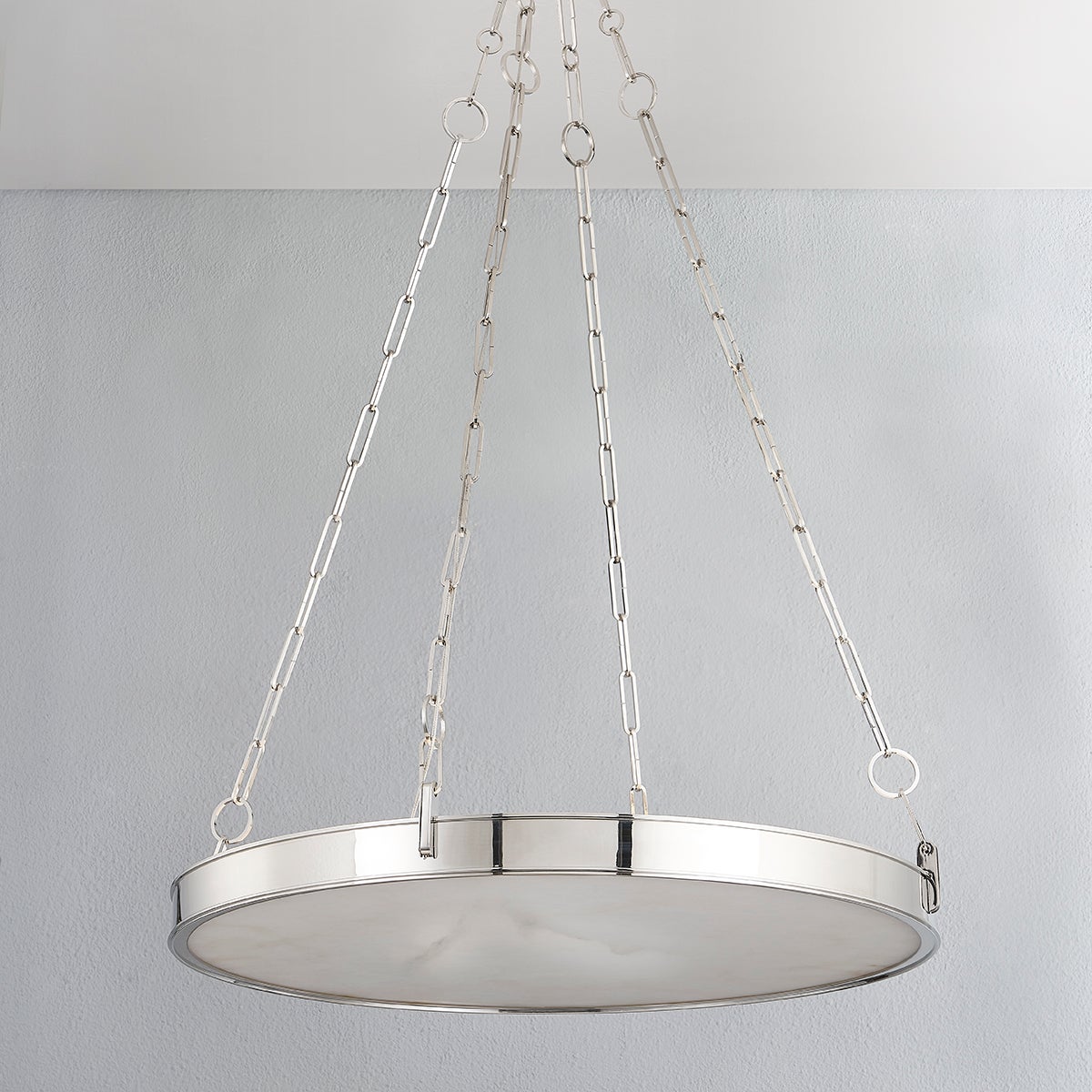 Close-up of the Kirby Chandelier 30" x 3.5" in polished nickel showing the frame, arms, and shade detail.
