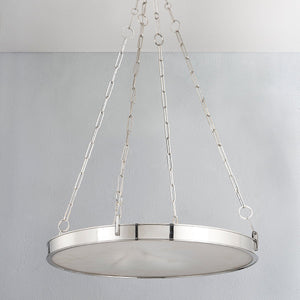 Close-up of the Kirby Chandelier 30" x 3.5" in polished nickel showing the frame, arms, and shade detail.