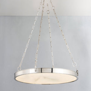 Close-up of the Kirby Chandelier 30" x 3.5" in polished nickel showing the frame, arms, and shade detail.